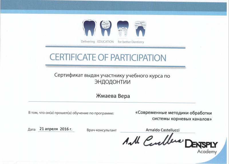 Сертификат "Современные методики обработки системы корневых каналов"
